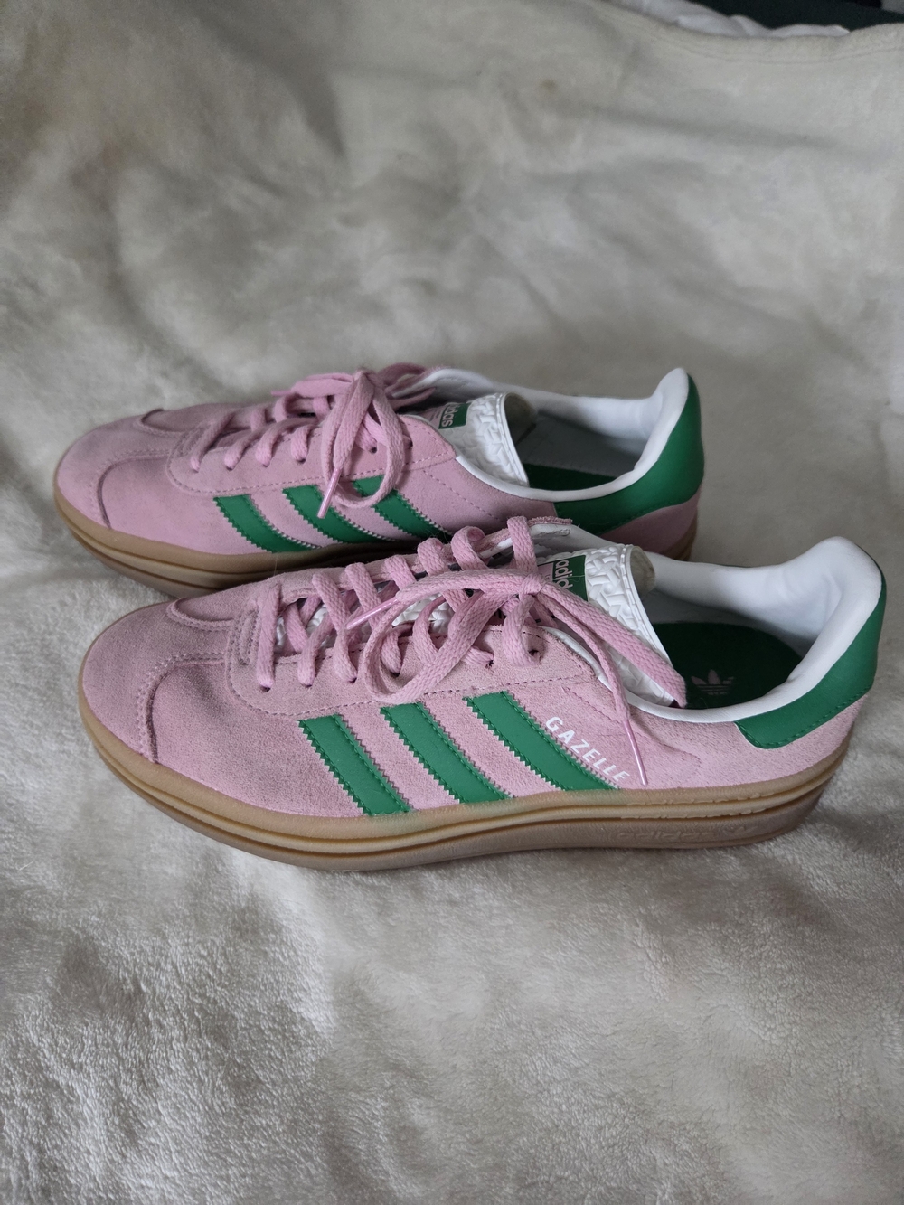 adidas Gazelle Pink Suede Sneakers with Green Stripes
